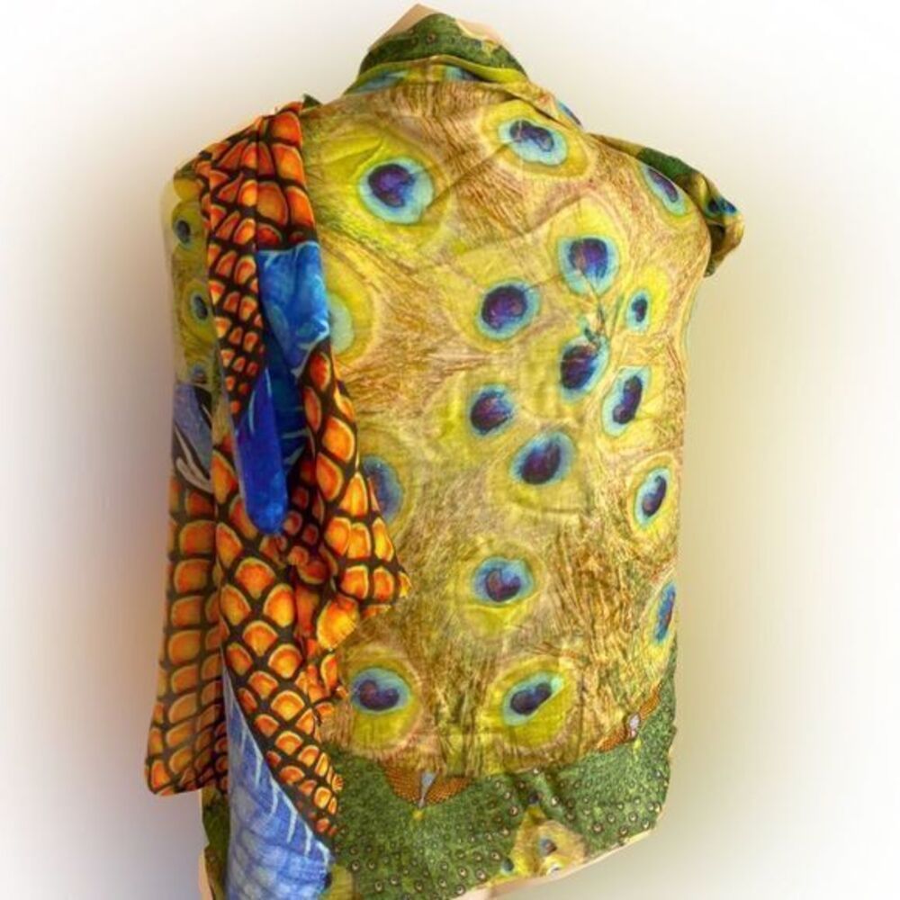 Peacock Scarf - 29 x 70 green blue peacock , rayon